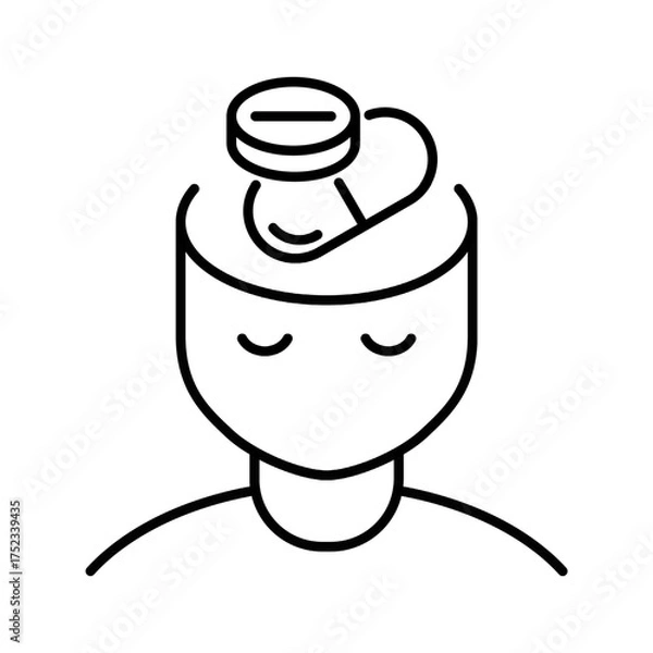 Fototapeta Head with pills inside line icon. Pharmaceutical treatments. Addiction to substances concept. Prescription drugs use. Antidepressants and sedatives intake. Modern health medication practices. Vector 