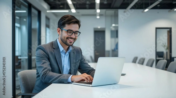 Obraz Smiling East Asian Businessman in Grey Suit and Glasses Working on Laptop at a White Conference Table in a Modern Bright Office Space, Ideal for Corporate, Remote Work, and Technology Content