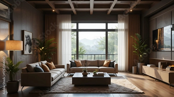 Obraz Upscale Modern Living Room Interior with Neutral Tones, Wood Ceiling, Leather Furniture, and Scenic Window View of Lush Green Hills, Perfect for Real Estate Brochures and Home Renovation Concepts