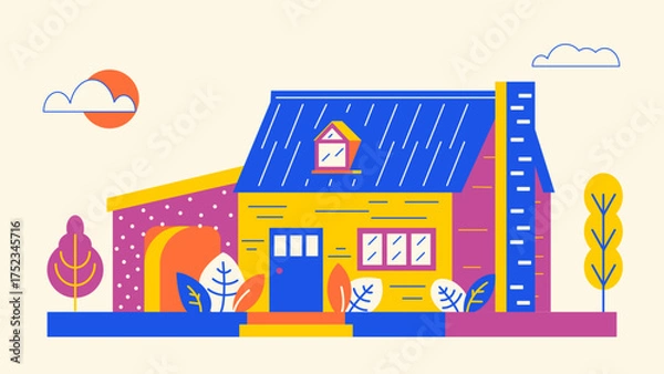 Fototapeta  A bright and cozy colorful cottage surrounded by a picturesque landscape. Its cheerful hues evoke warmth and joy, making it perfect for inspiring stories and creating a inviting atmosphere of home 