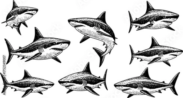 Obraz set of sketch black silhouette of a Shark isolated