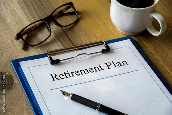 Fototapeta Business concept image showing a retirement plan form on a clipboard with pen, eyeglasses, and coffee cup on a wooden desk, symbolizing financial planning and investment for the future.