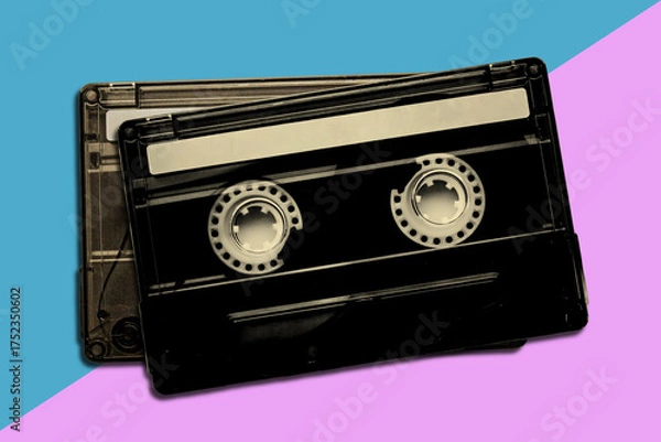 Fototapeta A black cassette tape with blank label on a diagonal blue and pink background. retro nostalgia design element with copy space