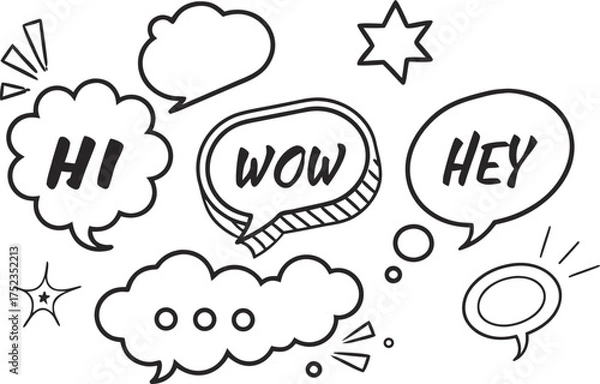 Fototapeta Hand drawn doodle speech bubbles and stars with words hi wow and hey