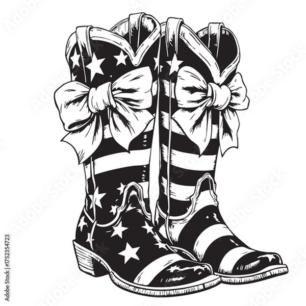 Obraz Patriotic Cowboy Boots Vector — Black and White Illustration of Western Footwear with American Flag Design and Decorative Bows