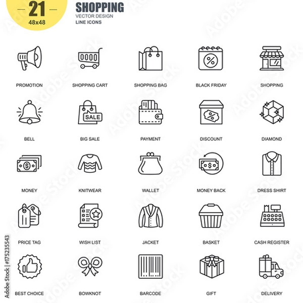 Fototapeta Simple Set of Shopping Related Vector Line Icons. Contains such Icons as Promotion, Wallet, Payment, Big Sale, Basket, Price Tag, Money, Delivery and more. Editable Stroke. 48x48 Pixel Perfect.