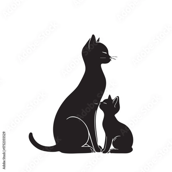 Obraz Cat Companionship Silhouette Vector — Black and White Illustration of Two Cats Sitting Side by Side in Tender, Minimalist Style
