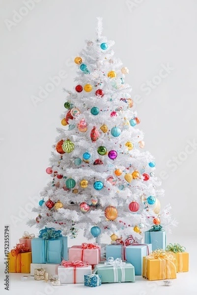 Fototapeta Modern white Christmas tree, decorated with bright, multicolored baubles in a retro or pastel style, surrounded by gifts in blue, pink, and yellow boxes, against a white background