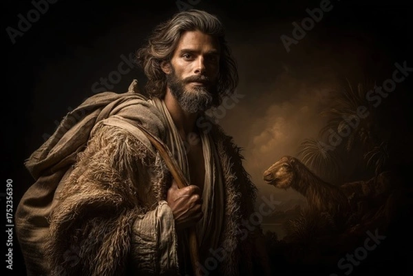 Fototapeta Artistic portrait of a biblical shepherd or John the Baptist with a beard and long hair, in rough clothing, with a staff and sack, looking straight, a sheep nearby against a dark background