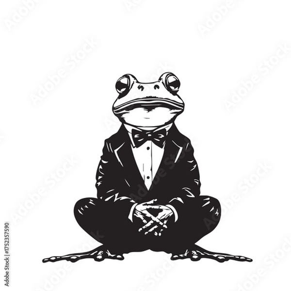 Obraz Formal Frog Vector — Black and White Cartoon Illustration of Anthropomorphic Amphibian in Tuxedo Sitting Cross-Legged with Hands Clasped