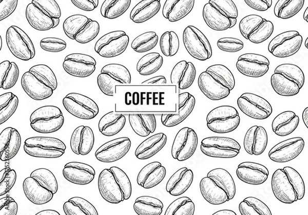 Obraz Hand-Drawn Coffee Bean Pattern with “COFFEE” Label on White Background