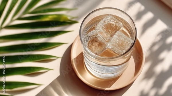 Fototapeta Refreshing glass of water with ice cubes and palm leaf