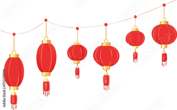 Fototapeta Traditional red chinese lanterns hanging on a string for festive decorations and celebrations