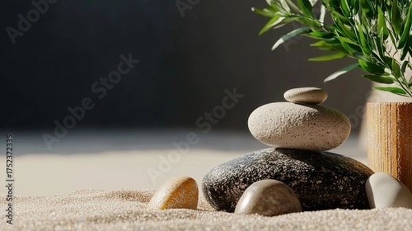 Fototapeta Stack of pebbles on a sandy surface. the stones are of different sizes and colors, with some being black and others being white. on top of the stack, there is a small plant with green leaves.