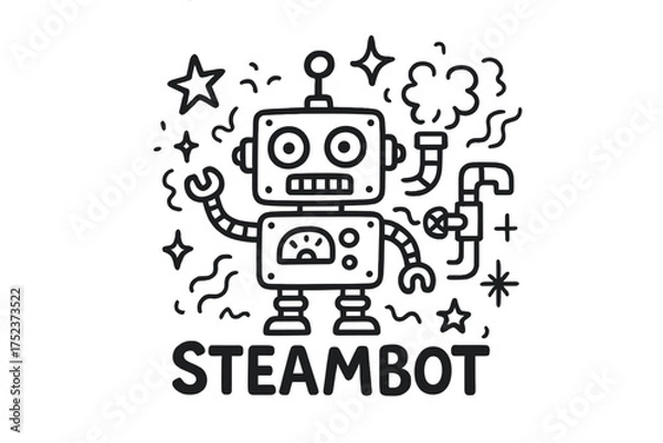 Fototapeta SteamBot Doodle Art. Doodle steam robot with stars, pipes, and sparkles, center word “SteamBot” in black and white isolated