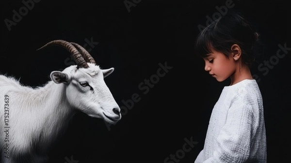 Fototapeta Black and white photograph of a young girl standing in front of a white goat. the girl is wearing a white long-sleeved shirt and her hair is pulled back in a bun.