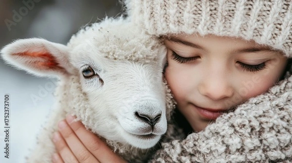 Fototapeta Close-up portrait of a young girl wearing a knitted beanie and scarf. she is holding a small white lamb in her arms and is looking down at it with a peaceful expression on her face.