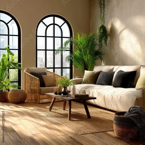 Fototapeta An Interior scene of a bright, cozy living room decorated with plants, wooden floor and arch windows. The space is full of natural light, creating a warm and inviting atmosphere.