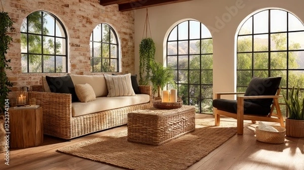 Fototapeta A cozy living room with large arched windows and beautiful decor. A natural and relaxing space with a sofa, armchair, and coffee table