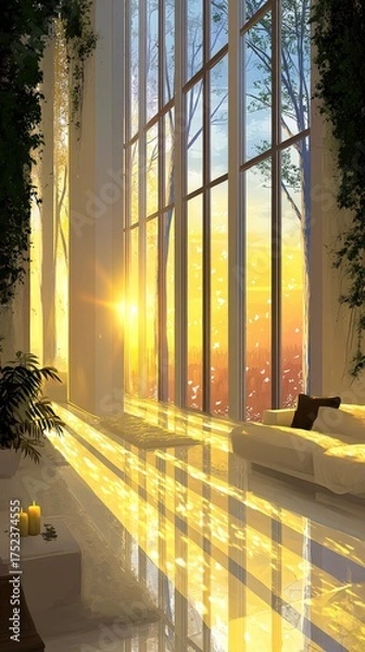 Fototapeta An enchanting room with massive window, bathed in the warm glow of the setting sun