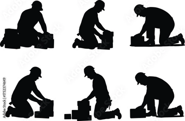 Obraz Construction worker silhouettes, block handling poses, black and white illustration, manual labor, safety gear, building site, posture, tools, effort, structure