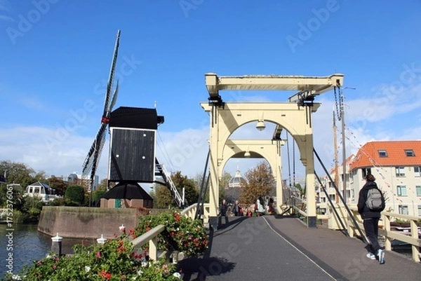 Obraz Rembrandtbrug and Molen De Put, Leiden, Netherlands.