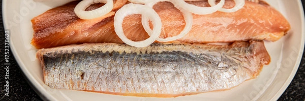Fototapeta Herring fillet fish fresh seafood portion size natural product tasty snack fresh delicious gourmet food background on the table rustic top view copy space pescetarian diet