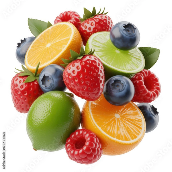 Fototapeta Vibrant Assortment of Fresh Berries Citrus Fruits and Limes Transparent Background berry strawberry