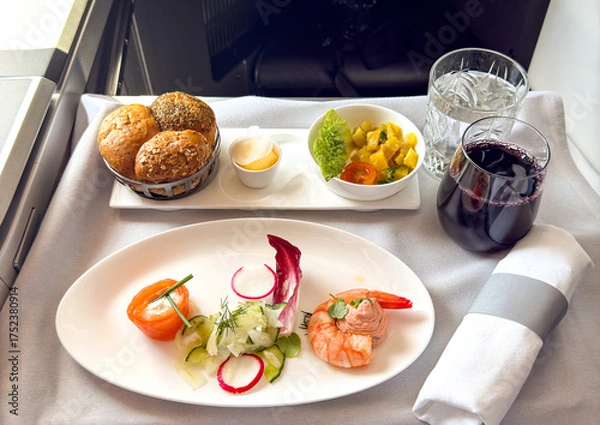 Obraz First course of a lunch meal in the business class cabin of a passenger jet