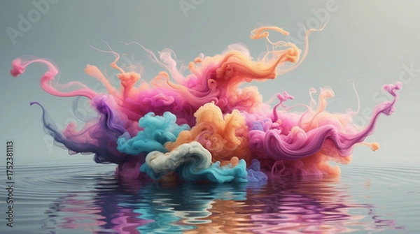Fototapeta Macro shot of a colorful ink cloud, showing an initial burst and swirling flow in purple and yellow, 8K.