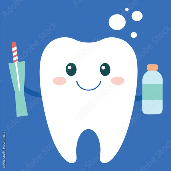 Fototapeta Happy Tooth Character Promotes Oral Hygiene with Toothbrush, Toothpaste, and Sparkling Bubbles Against a Blue Background, Illustrating Dental Care