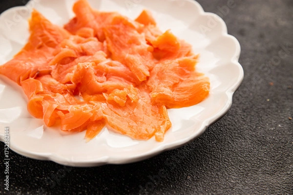 Fototapeta Smoked salmon fish seafood portion size natural product tasty snack fresh delicious gourmet food background on the table rustic top view copy space pescetarian diet