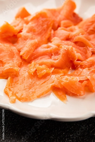 Fototapeta Smoked salmon fish seafood portion size natural product tasty snack fresh delicious gourmet food background on the table rustic top view copy space pescetarian diet