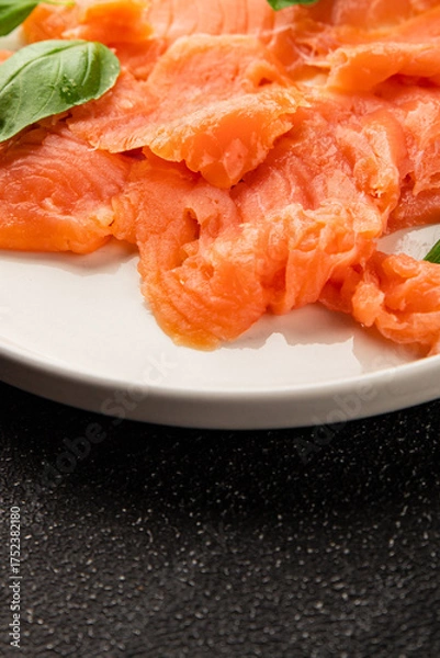Fototapeta Smoked salmon fish seafood portion size natural product tasty snack fresh delicious gourmet food background on the table rustic top view copy space pescetarian diet