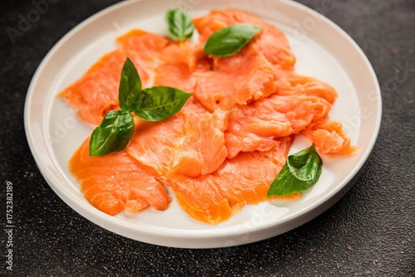 Fototapeta Smoked salmon fish seafood portion size natural product tasty snack fresh delicious gourmet food background on the table rustic top view copy space pescetarian diet