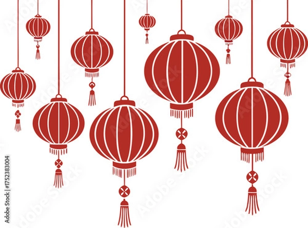 Fototapeta Collection of traditional red chinese lanterns hanging and illuminating festive celebrations