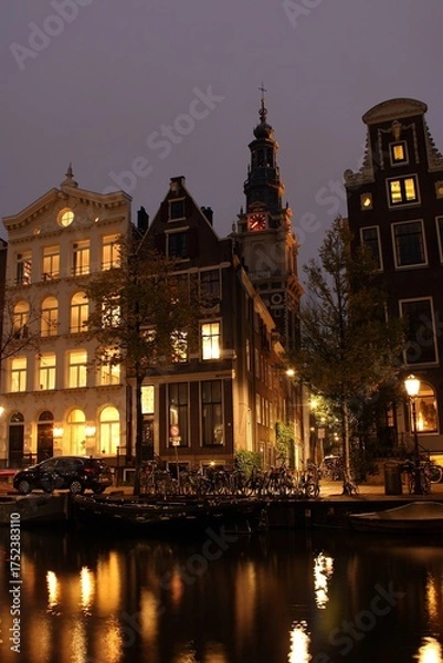 Obraz Kloveniersburgwal, Amsterdam, by night, with Zuiderkerk in the background.