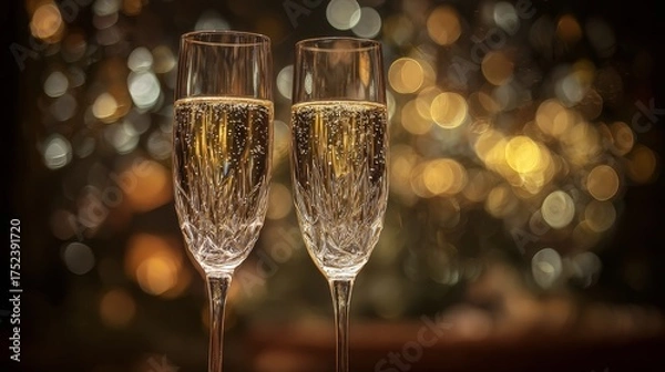 Fototapeta Crystal champagne flutes toasting. 2026 reflection in glass. Bokeh lights. Luxury New Year holiday