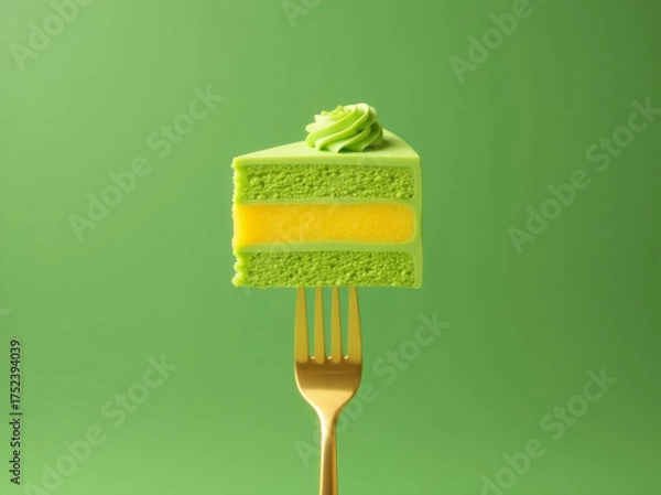 Fototapeta Minimalist Matcha Cake Slice on Golden Fork