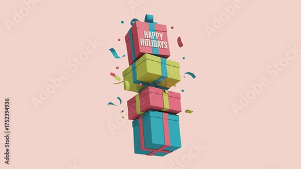Fototapeta A stack of colorful gift boxes with happy holidays text and confetti floating around them against a soft pink background