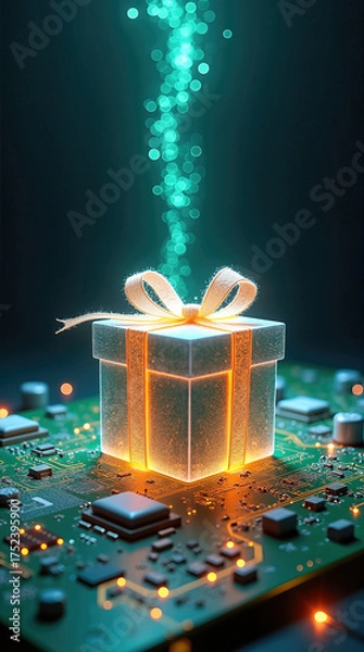 Fototapeta Holographic gift box on circuit board illuminated by glowing lights. Gift box radiates warmth with ribbon over intricate circuitry, symbolizing technology and creativity.