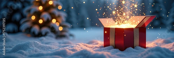 Fototapeta Magical gift box in snowy landscape with glowing sparks around. Beautiful Christmas gift box opens in winter wonderland, surrounded by snow-covered trees and festive lights.