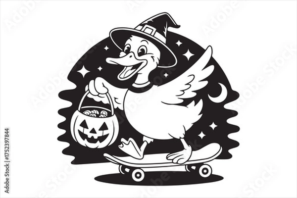Fototapeta Halloween duck rides skateboard trick-or-treating silhouette a white background