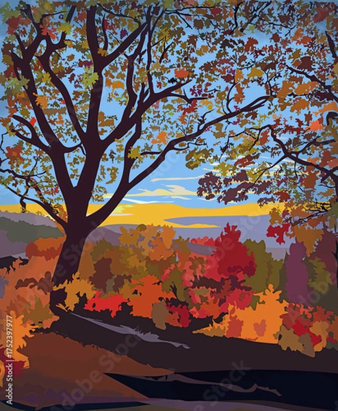 Fototapeta Autumn landscape with mountains and trees against the backdrop of mountains 