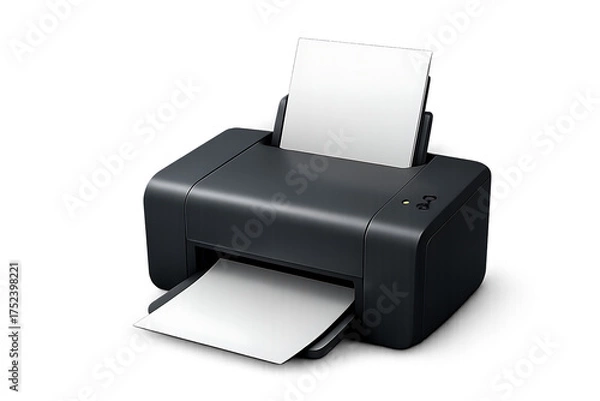 Obraz Black desktop printer with paper in tray and output slot computer office isolated on a transparent background