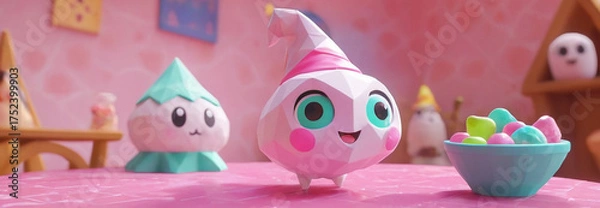 Obraz Due simpatiche creature stilizzate e sorridenti, in stile low-poly (bianco/rosa e bianco/turchese), su un tavolo rosa con una ciotola di caramelle in un ambiente luminoso.