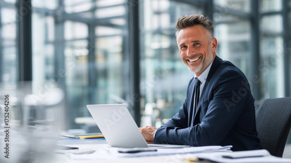 Fototapeta Confident businessman smiling at laptop in modern office workspace