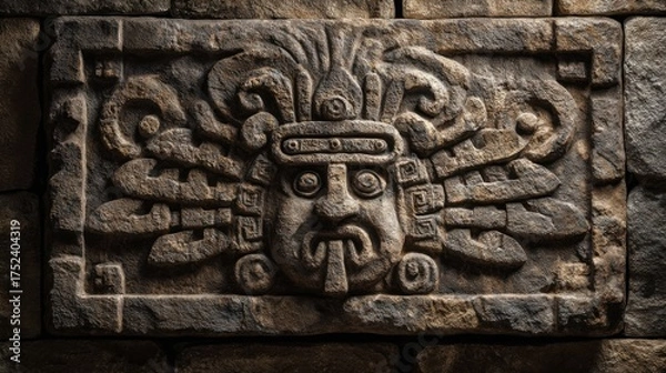 Fototapeta Ancient Mayan Stone Carving of a Deity with Intricate Details.