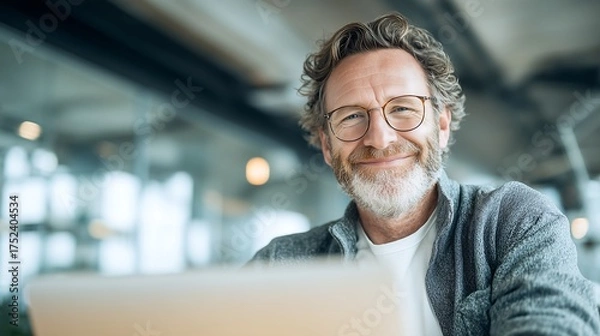 Fototapeta Confident businessman smiling at camera in modern office, ready for success