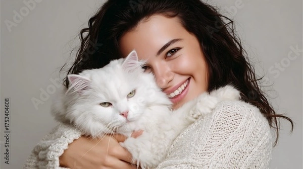 Fototapeta Smiling woman cuddling fluffy white cat expressing love and affection indoors